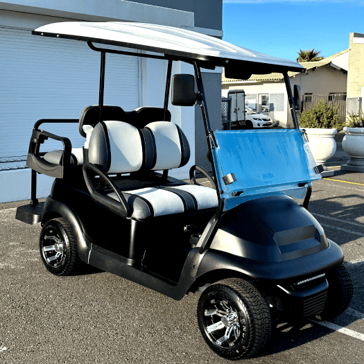 A fully converted 4-seater golf cart, expertly upgraded for added seating and enhanced functionality