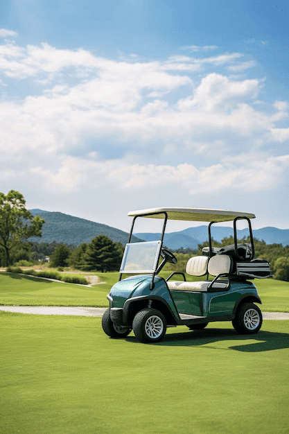 A two-seater golf cart parked on a golf course