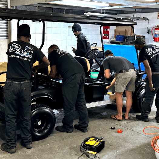 The Golf carts & all team fully servicing a four-seater golf cart