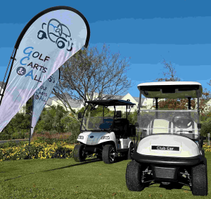 A banner of the golf carts and all logo next to two of their refurbished golf carts.