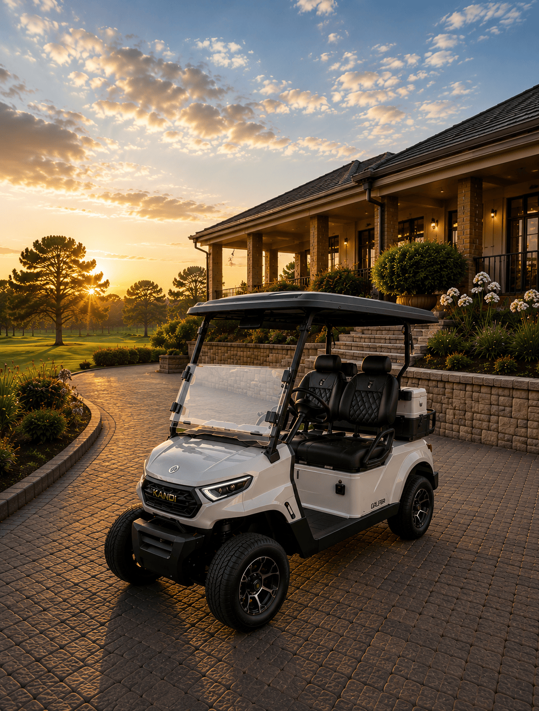 A two-seater golf cart parked on a golf course